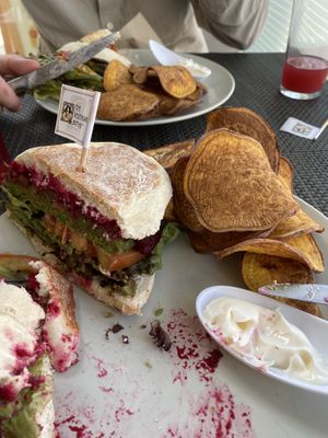 Veggie burger with sweet potato crisps   at Veggie Cafe in Albufeira