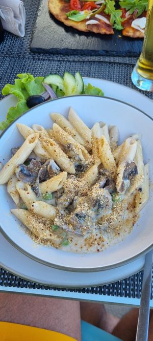 Mushroom and cashew carbonara at Veggie Cafe in Albufeira