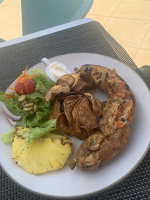 Vegan Sausage with pineapple   at Veggie Cafe in Albufeira