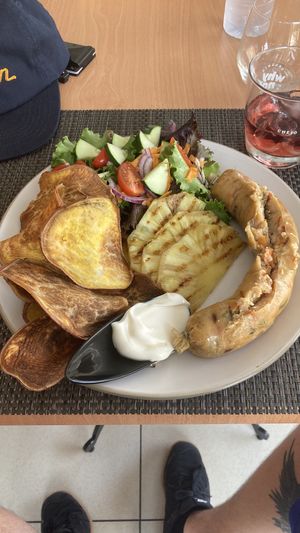Vegan Portuguese sausage with grilled pineapple .  at Veggie Cafe in Albufeira