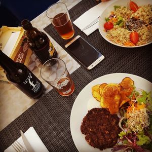 Quinoa Salad and Mushroom and bean burger (without bread) at Veggie Cafe in Albufeira