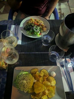 Burger and seitan. at Veggie Cafe in Albufeira