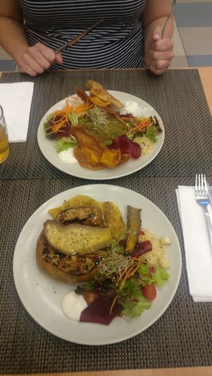 Alheira (front) & Chickpea burger at Veggie Cafe in Albufeira