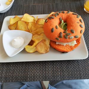 veggie burger in tandoori bun - delicious! at Veggie Cafe in Albufeira
