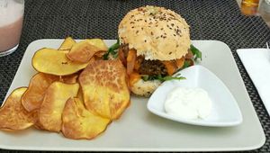 Mushroom and Bean burger. at Veggie Cafe in Albufeira