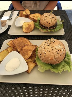Tempeh burger & mushroom and quinoa burger.  at Veggie Cafe in Albufeira
