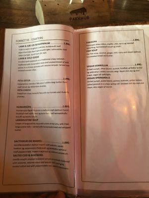 Starter menu at Pakkhus in Hofn I Hornafirdi