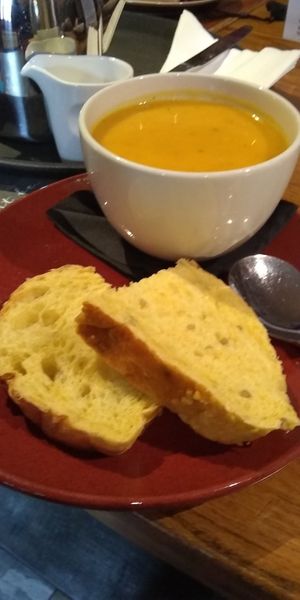 Vegan squash soup and home made bread at Just Be Bistro in Lockerbie
