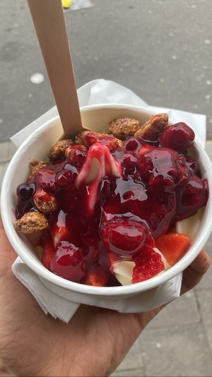 Small froyo with caramelized almonds, strawberries, red fruits   at YOMARO in Dusseldorf