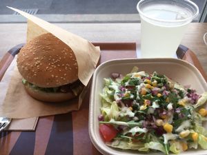 menu with jackvood jackfruit bbq) and salad at Voodies in Vienna