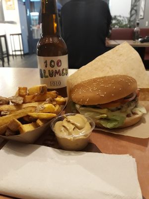 Beer, fries, burger & mustard at Voodies at Voodies in Vienna