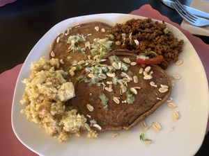 Chickpea flour scramble, pancakes and hash. Mmmmm good!  at Blueberry Cafe in Newark