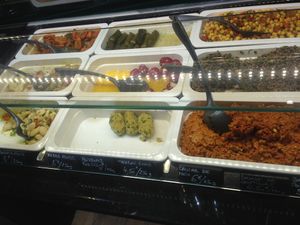 From left to right, top to bottom, carrot salad, smoked eggplant salad with peppers (the best), bean salad, dolme (vine leaves with rice inside), small peppers with cheese, lens and bulgur balls (my favorite), chickpeas salad, lens salad with mint leaves, walnut caviar  at Traiteur Le Cedre in Le Plessis-robinson