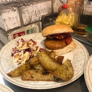 spicy bean burger w/ garlic n herb wedges  at Humblest of Pleasures in Hebden Bridge