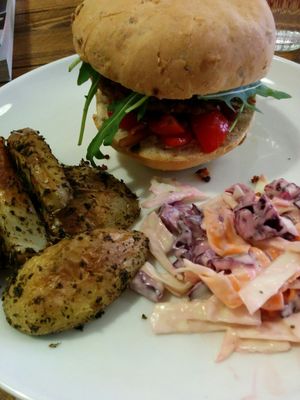 bean burger, herbed wedges and chunky slaw at Humblest of Pleasures in Hebden Bridge