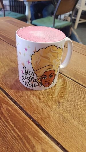 Beetroot latte in my chosen mug at Humblest of Pleasures in Hebden Bridge