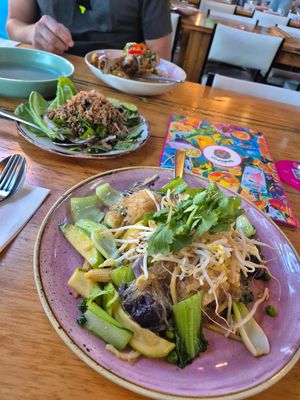 Stir fry vermicelli (front), tofu larb (middle) at Bangpop in Melbourne