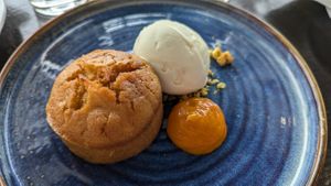 Carrot cake with vegan vanilla ice cream   at Oxo Tower Restaurant in South East London