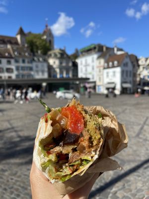 Enjoying my mussaka pita with falafel and spicy sauce  at Za Zaa Barfi - Gerbergasse in Basel