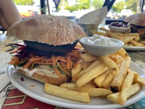 Pesto Mushroom Burger with Vegan Mayo! at Scallywags Cafe in Magnetic Island