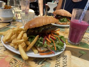 Delicious & filling Mushroom burger and strawberry smoothie  at Scallywags Cafe in Magnetic Island