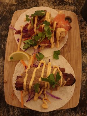 Vegan KFC taco, and Vegan Sally (sweet potato) $8.00 each at Basco in Brunswick