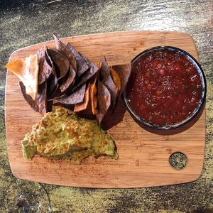 Snacky Chan corn chips with guac and salsa. The salsa was a touch on the sweet side but nothing about of lime couldn’t easily fix.  at Basco in Brunswick