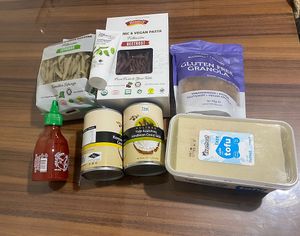 Pasta, sriracha, tofu, vegan toothpaste   at Vegan Bakkal in Istanbul