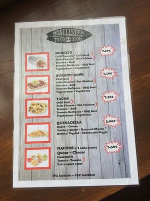 Menu at McAllister Taco Surf Bar - Maybe closed in Lloret De Mar