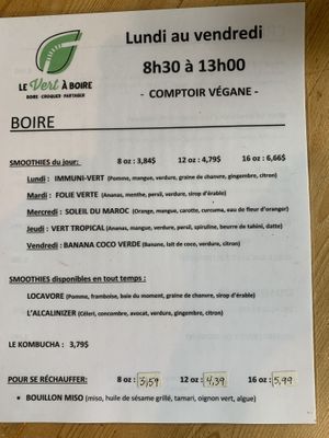 Menu at Le Vert a Boire in Sainte-anne-des-monts