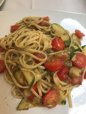 Chefs special pasta with zucchini and eggplant cream (vegan) at Trattoria Di Mirko in Alghero