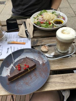 Chocolate mousse cake and a selfmade salad bowl at ETN saladebar in Enschede