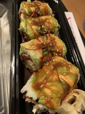 Katsu Crunch Roll (in: tofu katsu, inari, cilantro vinaigrette, gobo carrot & shredded beets. top: avocado, katsu sauce, firecracker sauce & sesame seeds) at Sushi 2 in San Diego