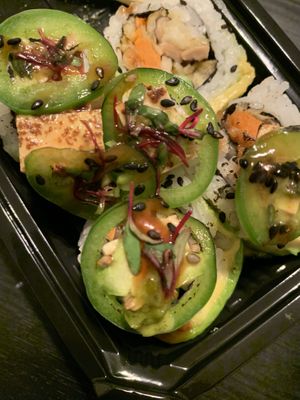 Jolly Green Giant Roll (in: sweet potato tempura, shiitake tempura, asparagus. top: avocado, tofu, seared jalapeño, ankake sauce, cilantro vinaigrette, black sesame seeds) at Sushi 2 in San Diego