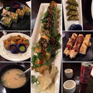 San Diego and Katsu crunch roll, misu, bsprouts, tofu, gyoza, Sake at Sushi 2 in San Diego