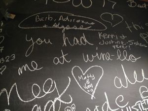 The bathroom walls are covered in love and good times. Messages of congratulations for newly engaged folks and those on the last ride before marching down the aisle. at Karlo Estates in Wellington