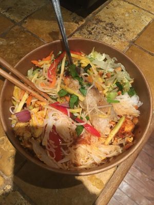 Terrible photo I'm sorry but this was the lemongrass tofu/seitan vermicelli bowl at Saigon Lotus in Toronto