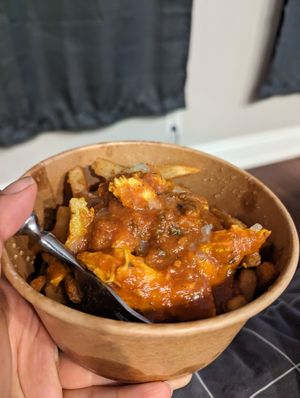 Butter chicken curry with fries at Saigon Lotus in Toronto