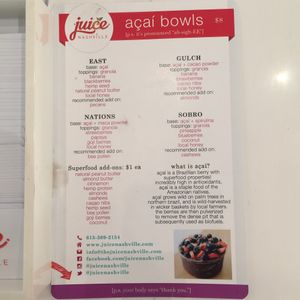 acai bowl menu at Juice in Nashville