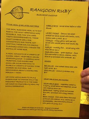menu at Rangoon Ruby in Christchurch