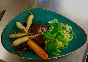 Rösti, portobello, bagt græskar, stegt gulerod og persillerod, lynstegt spidskål, frisk basilikum - improviseret fra køkkenet på forespørgsel - mums   at Samso Perlen in Samso