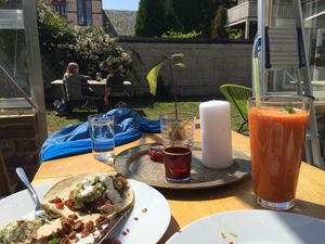 3 tacos for 99 NOK and a juice in their back yard   at Spiregarden in Kristiansand