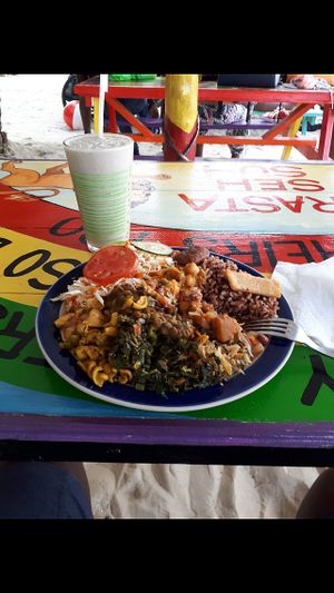 Read first plate description. 
Smoothie:  Almond punch with cane juice... not to miss  at Rasta Ade Refreshments in Negril