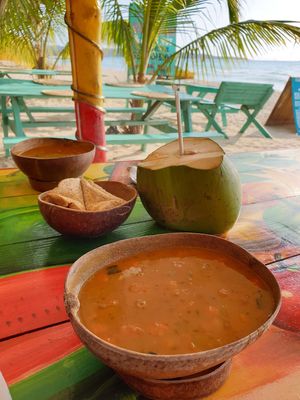 Rasta Soup with Toast and a Coconut at Rasta Ade Refreshments in Negril