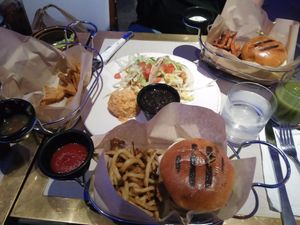 burgers (OK) with fries (regular) and two tacos (small portion!) at Crate in Miami