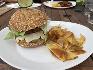 Lentil burger with tofu instead of cheese and nice saus  at El Sibarita in Lanzarote