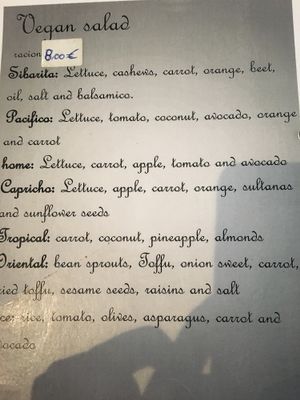 Salads menu at El Sibarita in Lanzarote