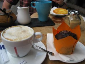 soy latte and vegan chocolate walnut muffin at Tete-A-The in Argentiere