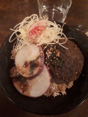 Surprising lentil steak ! Yum ! at Cosmopolis in Bordeaux