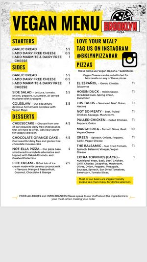 Separate vegan menu  at Brooklyn Pizza Bar in Northampton